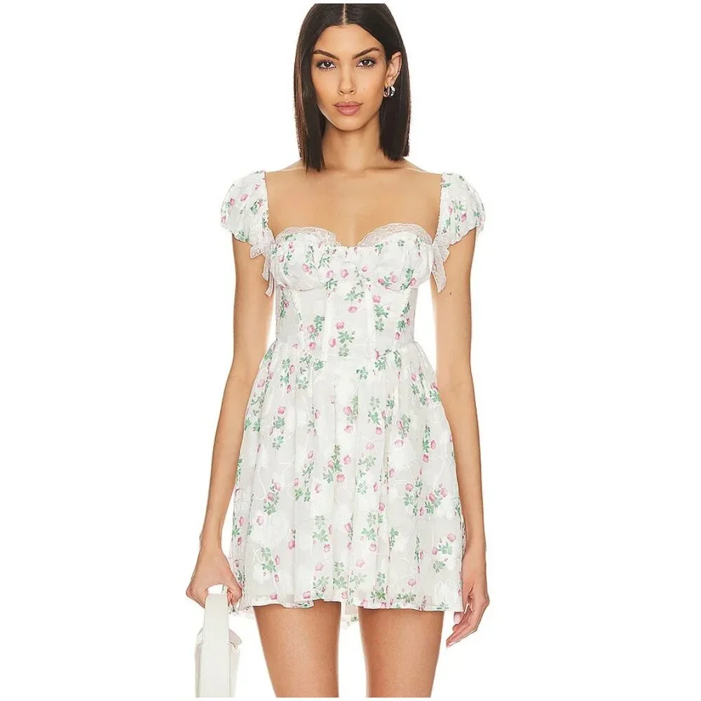 NWT For Love And Lemons Remi Mini Dress S small white pink floral corset basque